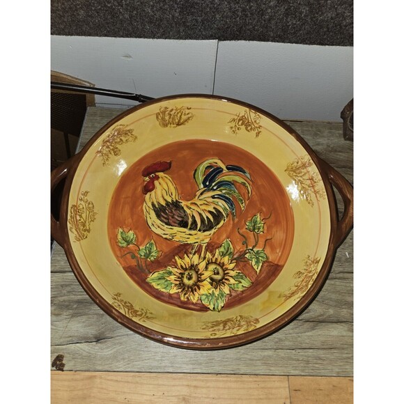 Orange Rooster Large Round Serving Bowl w/Handles Acorn/Leaf Pattern Vintage - Picture 1 of 6